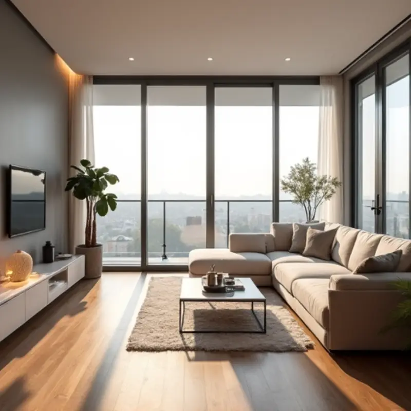 Nowoczesne mieszkanie na sprzedaż w Łodzi - jasny salon z widokiem na miasto